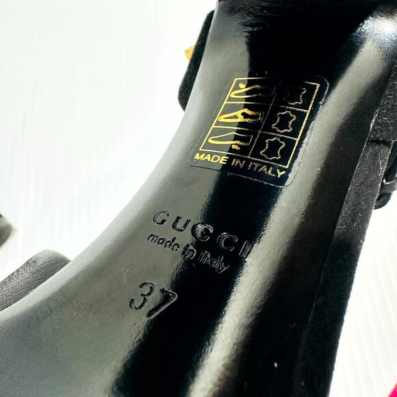 Gucci Sandals 37 /US 7 Black Suede Leather Gold Studded T-Strap High Heel - Picture 9 of 10